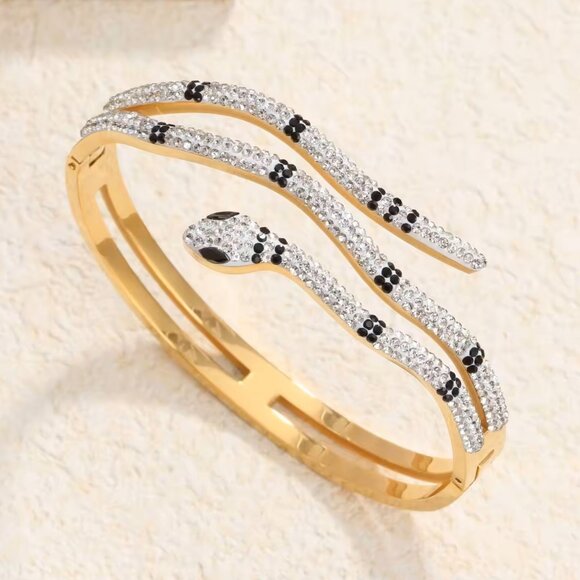None Jewelry - New Snake Wrap White & Black Rhinestone Stainless Steel Hinge Bangel Bracelet
